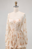 Champagne Corset Floral Tiered Long Bridesmaid Dress with Sleeves