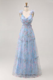 Blue A Line V-Neck Floral Long Bridesmaid Dress with Ruffles