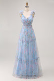 Blue A Line V-Neck Floral Long Bridesmaid Dress with Ruffles