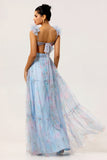 Blue A Line V-Neck Floral Long Bridesmaid Dress