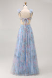 Blue A Line V-Neck Floral Long Bridesmaid Dress with Ruffles
