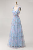 Blue A Line V-Neck Floral Long Bridesmaid Dress with Ruffles