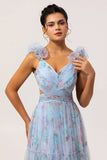 Blue A Line V-Neck Floral Long Bridesmaid Dress