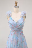 Blue A Line V-Neck Floral Long Bridesmaid Dress with Ruffles