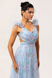 Blue A Line V-Neck Floral Long Bridesmaid Dress