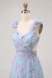 Blue A Line V-Neck Floral Long Bridesmaid Dress with Ruffles