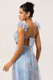Blue A Line V-Neck Floral Long Bridesmaid Dress