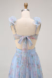 Blue A Line V-Neck Floral Long Bridesmaid Dress with Ruffles