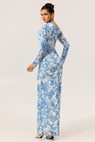 Blue Satin Floral One Shoulder Long Bridesmaid Dress with Slit