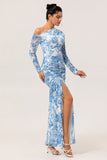 Blue Satin Floral One Shoulder Long Bridesmaid Dress with Slit