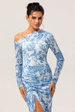 Blue Satin Floral One Shoulder Long Bridesmaid Dress with Slit