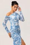Blue Satin Floral One Shoulder Long Bridesmaid Dress with Slit