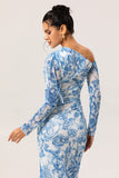 Blue Satin Floral One Shoulder Long Bridesmaid Dress with Slit