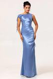 Simple Blue Mermaid Satin Asymmetrical Neck Long Bridesmaid Dress with Slit