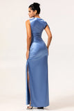 Simple Blue Mermaid Satin Asymmetrical Neck Long Bridesmaid Dress with Slit