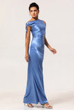 Simple Blue Mermaid Satin Asymmetrical Neck Long Bridesmaid Dress with Slit