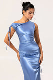 Simple Blue Mermaid Satin Asymmetrical Neck Long Bridesmaid Dress with Slit