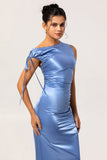 Simple Blue Mermaid Satin Asymmetrical Neck Long Bridesmaid Dress with Slit