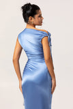 Simple Blue Mermaid Satin Asymmetrical Neck Long Bridesmaid Dress with Slit