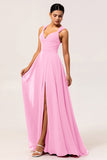 Fuchsia Chiffon A Line Maxi Bridesmaid Dress with Slit