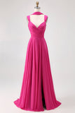 Fuchsia Chiffon A Line Maxi Bridesmaid Dress with Slit