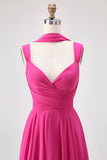 Fuchsia Chiffon A Line Maxi Bridesmaid Dress with Slit