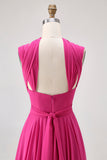 Fuchsia Chiffon A Line Maxi Bridesmaid Dress with Slit