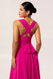 Fuchsia Chiffon A Line Maxi Bridesmaid Dress with Slit