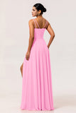 Hot Pink Chiffon A Line Long Wedding Guest Dress with Slit