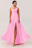 Hot Pink Chiffon A Line Long Wedding Guest Dress with Slit