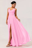 Hot Pink Chiffon A Line Long Wedding Guest Dress with Slit
