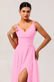 Hot Pink Chiffon A Line Long Wedding Guest Dress with Slit