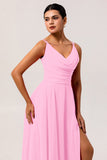 Hot Pink Chiffon A Line Long Wedding Guest Dress with Slit