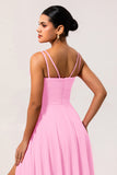 Hot Pink Chiffon A Line Long Wedding Guest Dress with Slit