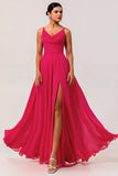 Chiffon A Line Hot Pink Maxi Wedding Guest Dress with Slit