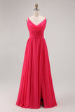 Hot Pink Chiffon A Line Long Wedding Guest Dress with Slit