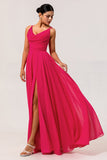 Chiffon A Line Hot Pink Maxi Wedding Guest Dress with Slit