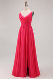 Hot Pink Chiffon A Line Long Wedding Guest Dress with Slit