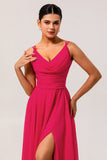 Chiffon A Line Hot Pink Maxi Wedding Guest Dress with Slit