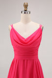 Hot Pink Chiffon A Line Long Wedding Guest Dress with Slit
