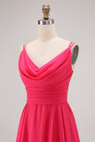 Hot Pink Chiffon A Line Long Wedding Guest Dress with Slit