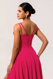 Chiffon A Line Hot Pink Maxi Wedding Guest Dress with Slit