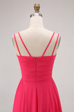 Hot Pink Chiffon A Line Long Wedding Guest Dress with Slit
