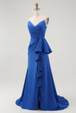 Royal Blue Sweetheart Ruched Maxi Wedding Guest Dress with Drape