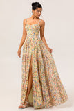 Yellow Chiffon Floral Spaghetti Straps Long Bridesmaid Dress with Slit