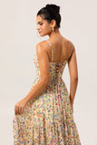 Yellow Chiffon Floral Spaghetti Straps Long Bridesmaid Dress with Slit