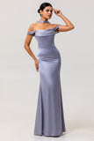 Dusty Blue Satin Long Off the Shoulder Bridesmaid Dress