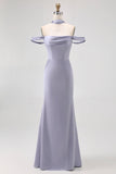 Dusty Blue Satin Long Off the Shoulder Bridesmaid Dress