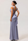 Dusty Blue Satin Long Off the Shoulder Bridesmaid Dress