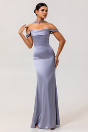 Dusty Blue Satin Mermaid Off the Shoulder Long Bridesmaid Dress